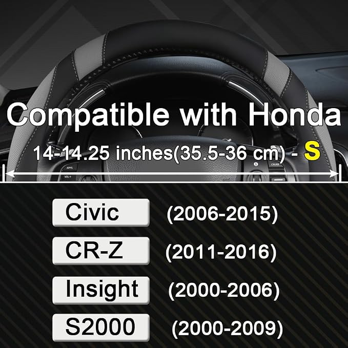 West Llama Customized Auto Car Steering Wheel Cover for Honda Civic, CR-Z, Insight, S2000, 14" - 14.25" (Black+Gray-Small Size)