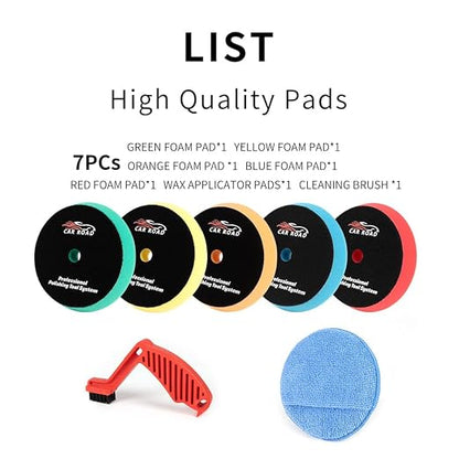 CARROAD 7pc 6.5 Inch Buffing Pads Kit - Heavy Cut to Finishing Foam & Wool Pads for DA/RO Polisher - Removes Scratches, Oxidation & Swirl Marks - 50+ Reusable Cycles