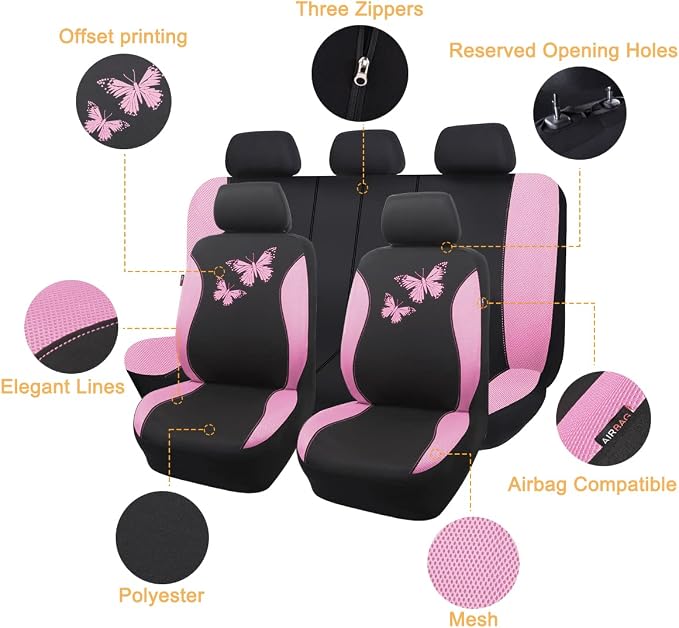 Flying Banner Butterfly car seat Covers ful Set Fashion Universal Lady Woman Female Rear Bench Split Colorized (Pink Black, Full Set)