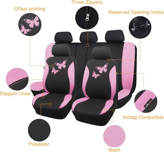 Flying Banner Butterfly car seat Covers ful Set Fashion Universal Lady Woman Female Rear Bench Split Colorized (Pink Black, Full Set)