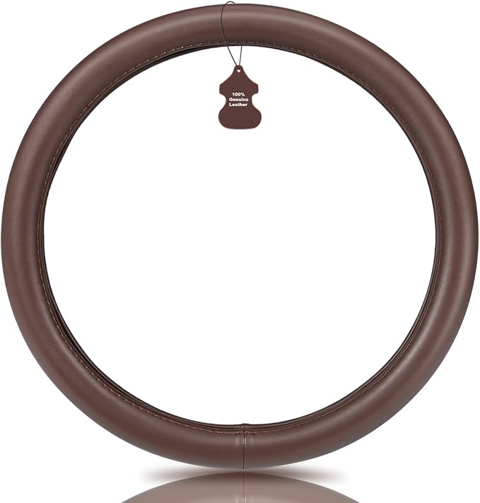 Haokay Heavy Duty Pure Cowhide Steering Wheel Cover, Genuine Leather Steering Cover Brown Leather Steering Wheel Cover with 15 Inches Universal Fit (Brown-1)