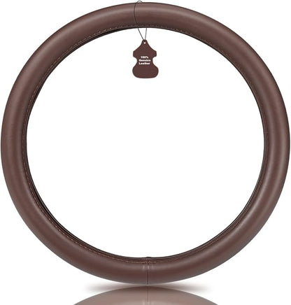 Haokay Heavy Duty Pure Cowhide Steering Wheel Cover, Genuine Leather Steering Cover Brown Leather Steering Wheel Cover with 15 Inches Universal Fit (Brown-1)