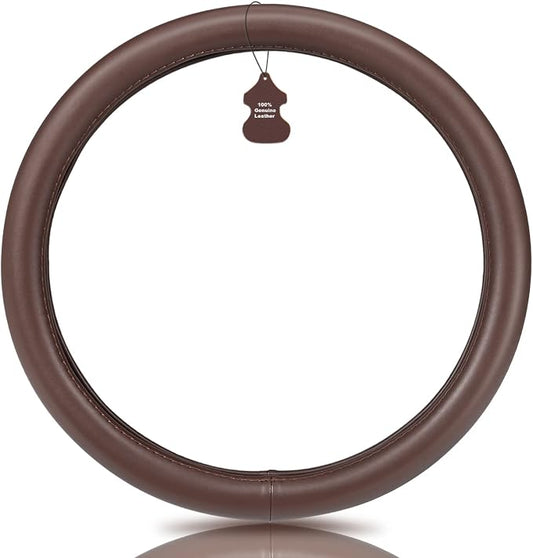 Haokay Heavy Duty Pure Cowhide Steering Wheel Cover, Genuine Leather Steering Cover Brown Leather Steering Wheel Cover with 15 Inches Universal Fit (Brown-1)