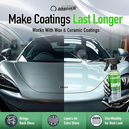 Nanoskin Ultra Line SUPER CHARGER SiO2 Touchless Spray-On/Rinse-Off Sealant 32 Oz - Car Wash Paint & Glass Spray for Car Detailing | Safe for Cars, Trucks, Motorcycles, RVs & More | 100:1 Dilution