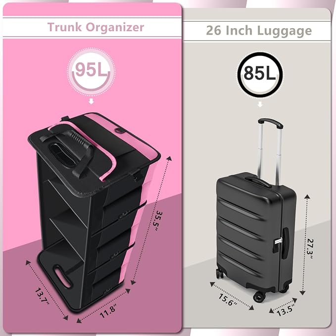 AOPHY Trunk Organizer for Car, 95L Large Capacity Trunk Storage with Non-Slip Bottom Strips, Cargo Organizer for Suv, Truck, Sedan, Waterproof Portable Car Organizers for Women Men(Pink)