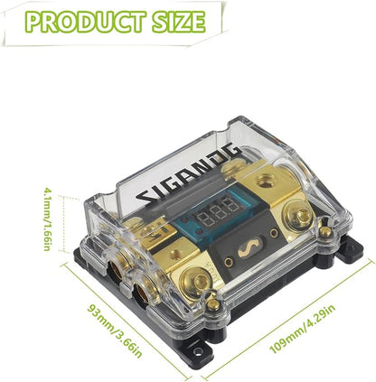 Car Audio Digital LED Voltage Display, ANL Fuse Holder Distribution Block 1 in 2 Out, with 2 Fuses and 2 Hexagon Wrench, Suitable for Car and Yacht Audio