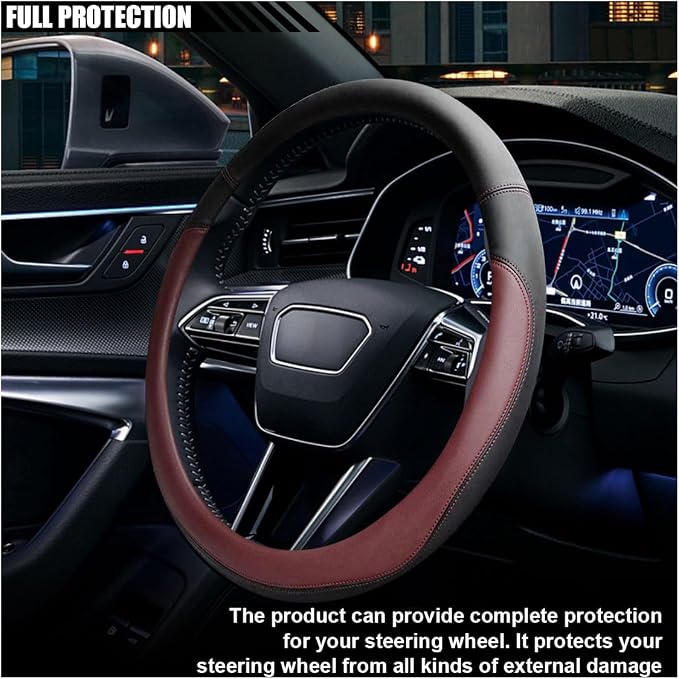 LAINLOY 14.5"-15" Car Steering Wheel Cover, Microfiber Leather Cover, Anti-Slip Breathable Steering Wheel Decoration, Universal Steering Wheel Accessories for Diverse Cars (Burgundy)
