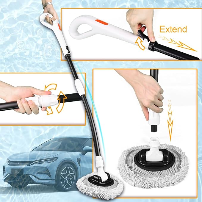 Car Wash Brush with Long Handle, Chenille Microfiber Car Wash Mop Kit, Scratch Free Car Cleaning Supplies with Ergonomic 15掳 Curved Extension Pole for RV Truck Boat Windshield - White