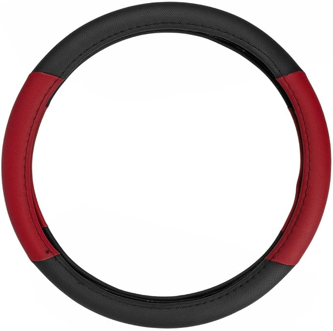 BDK Sporty Two Tone Ergonomic Grip Steering Wheel Cover - Plush Leather Grip for Standard Size Wheels 14.5-15 inch Red/Black
