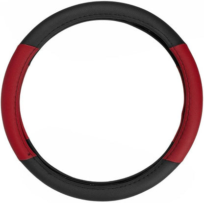 BDK Sporty Two Tone Ergonomic Grip Steering Wheel Cover - Plush Leather Grip for Standard Size Wheels 14.5-15 inch Red/Black