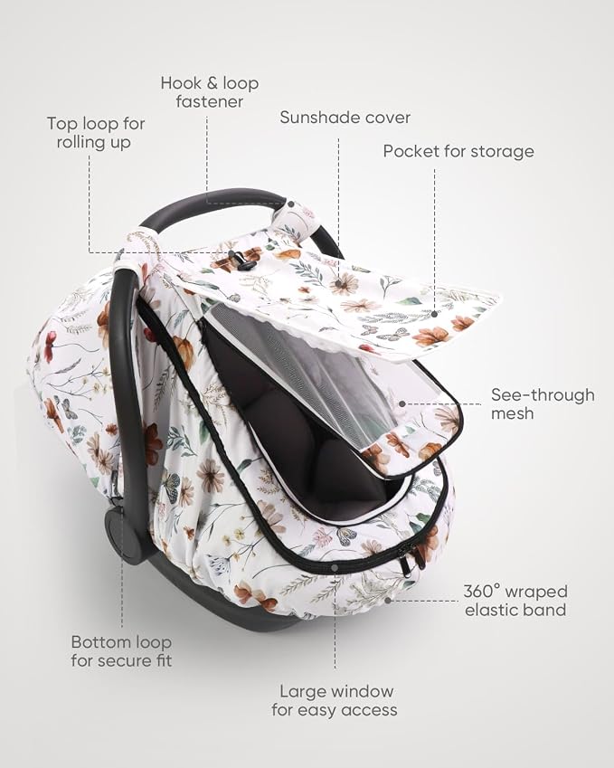 Car Seat Cover Baby Girls, Infant Car Seat Canopy Outdoor, 2 Layers with Mesh and Sun Shade Window for Summer Winter, Easy Access Carseat Covers Snug Fit Baby Stroller - Brown Wildflower
