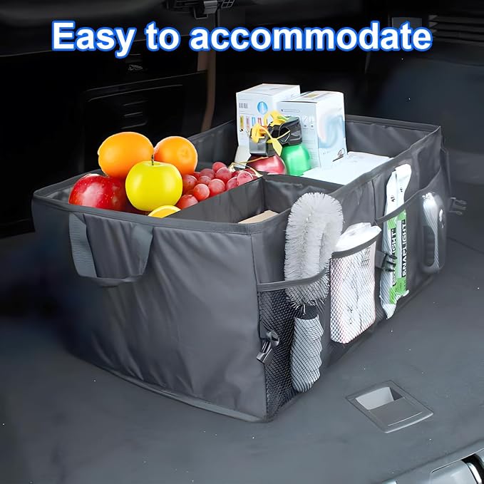 Mandark Car Trunk Organizer, Collapsible Multi Compartment Vehicle Storage Box, Waterproof Adjustable Automotive Organization Container Accessories, Universal for SUV, Sedan, Truck (Black)