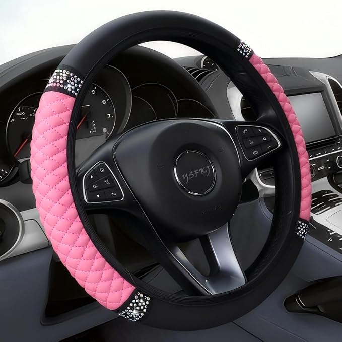 Soft Leather Car Steering Wheel Cover, Universal 15 Inch Colorful Rhinestones Anti-Slip Elastic Steering Wheel Covers for Most Cars, Sparkly Crystal Diamond for Women Girls (Pink)