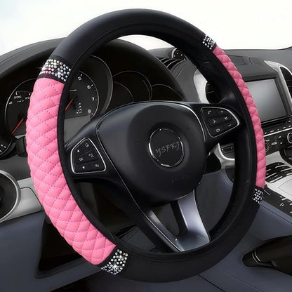 Soft Leather Car Steering Wheel Cover, Universal 15 Inch Colorful Rhinestones Anti-Slip Elastic Steering Wheel Covers for Most Cars, Sparkly Crystal Diamond for Women Girls (Pink)