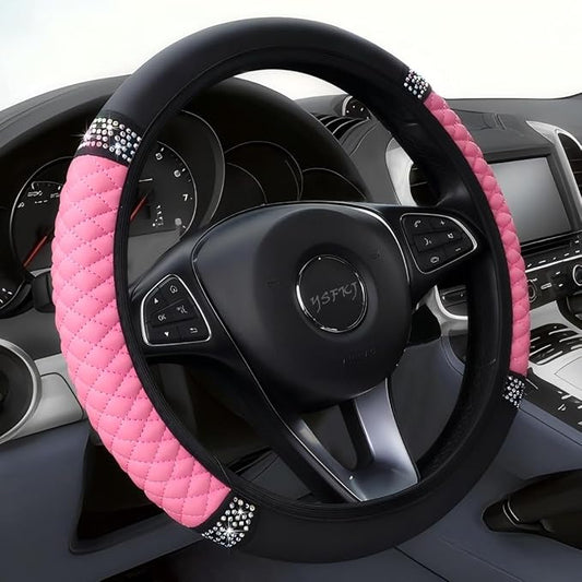 Soft Leather Car Steering Wheel Cover, Universal 15 Inch Colorful Rhinestones Anti-Slip Elastic Steering Wheel Covers for Most Cars, Sparkly Crystal Diamond for Women Girls (Pink)