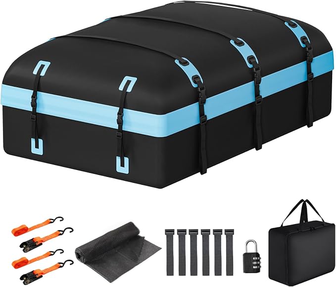 Car Rooftop Cargo Carrier Bag, 30 Cubic Feet Waterproof Soft-Shell Car Roof Bag for All Vehicle with/Without Rack, Include Anti-Slip Mat, Reinforced Straps, Door Hooks Luggage Lock (Blue)