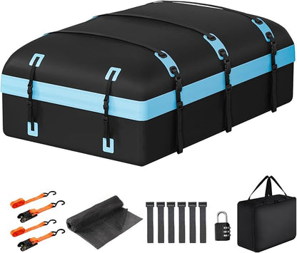 Car Rooftop Cargo Carrier Bag, 30 Cubic Feet Waterproof Soft-Shell Car Roof Bag for All Vehicle with/Without Rack, Include Anti-Slip Mat, Reinforced Straps, Door Hooks Luggage Lock (Blue)