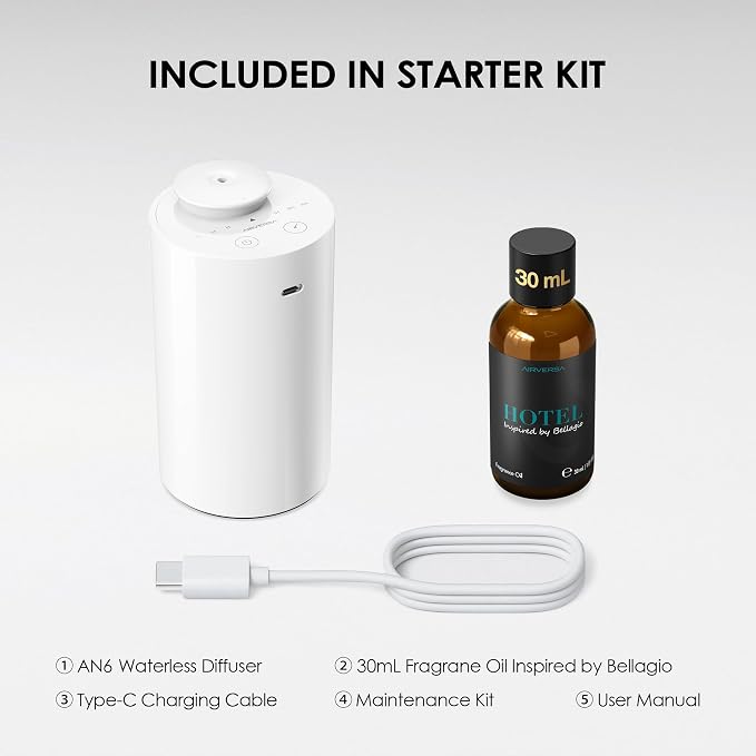 Airversa Waterless Essential Oil Diffuser Starter Kit with 30mL Hotel Fragrance Oil Inspired by Blagio, Battery Operated Car Diffuser, Portable Aroma Nebulizer for Home Car Office, AN6Kit-D, White