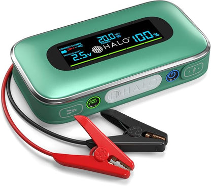 Halo Bolt 1500A Car Battery Jump Starter with Large Digital Screen, Portable 12V Lithium Battery Jump Starter, Portable Power Bank, 3-Mode LED Flashlight, Safe & Simple Design, TSA Approved - Green
