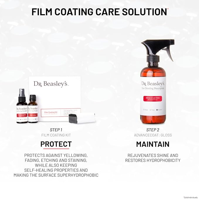 Dr. Beasley's Film Coating Kit, 12 fl oz - Ceramic Coating Protects PPFs, Wraps, Vinyl from Yellowing, Fading, Etching, Staining. Includes Film Coating, Prep, Foam Block Applicator, 2 Suede Cloths