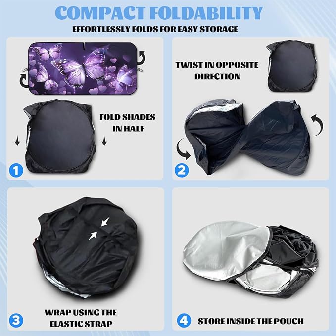 Purple Butterfly Car Windshield Sun Shield, 59*31.5 Inches, UV Rays Protection, Universal Fit for SUV, Truck, Car