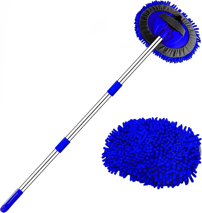 WillingHeart 47.5" Car Wash Brush Mop Cleaning Tool with Long Handle Kit for Washing Detailing Cars Truck, SUV, RV, Trailer, Boat 2 in 1 Chenille Microfiber Sponge Duster Not Hurt Paint Scratch Free