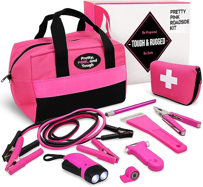Pretty Pink Roadside Kit - Pink Emergency Kit for Teen Girls and Women - Car Accessories for Women - Durable Carry Bag with Long Jumper Cables, First Aid Kit, Emergency Tools, 5 Year Warranty
