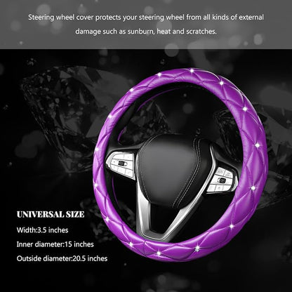 Bling Car Steering Wheel Cover, 15 Inch Diamond Leather Anti-Slip Auto Steering Wheel Protector, Cute Sparkly Rhinestones Wheels Cover Automotive Decoration for Women Girl (Purple)