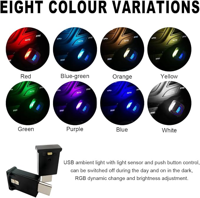 Wevdn USB Type C LED Ambient Light, Adjustable Brightness 8 Color RGB LED Interior Lighting, Mini USB Night Atmosphere Lamp for Car Home Decoration, Universal Car Interior Accessories