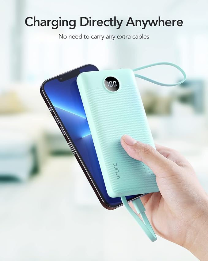 VRURC Portable Phone Charger for iPhone, 10000mAh Power Bank Built in Cables & Lanyard, Slim USB C Battery Bank 5 Outputs for Multi Devices,Travel Essential for College Students Teen Boys Girls-Green