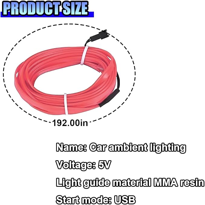 ZIMISI EL Wire Car Interior LED Strip Lights, 5V 16FT Neon Light Strip with Sewing Edge, USB Electroluminescent Car Interior Lights with Fuse Protection, Vehicle Ambient Lighting Decorations (Pink)