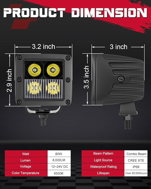 OFFROADTOWN LED Cubes, 3 Inch 80W CREE LED Pods Offroad Driving Lights Ditch Fog Backup Reverse Light for for Trucks UTV SUV ATV Motorcycle Pickup Boat - 2Pcs Combo Beam