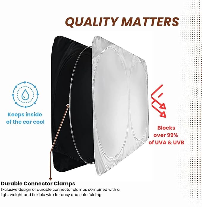 Windshield Sun Shade | fits RV Class-A | Certified 99.87% UVB & 99.02% UVA Protection Sun Shade. Award Winning Sunshade for Car Windshield with Patented Technology. Car Window Shades by Kinder Fluff
