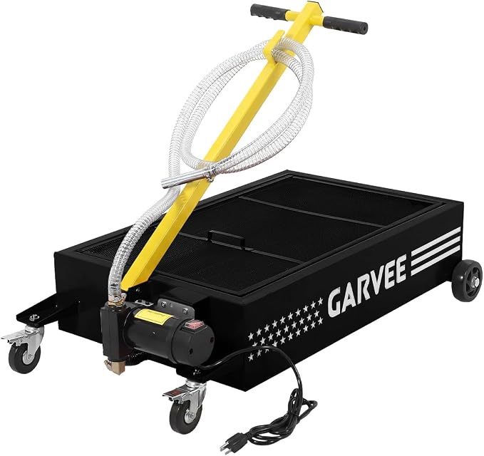 Garvee 25 Gallon Oil Drain Pan, 110V Waste Oil Drain Pan for Oil Change, Steel, 8-8.2 ft Hose& Folding Handle&Rolling Cart, Heavy Duty for Trucks,Black