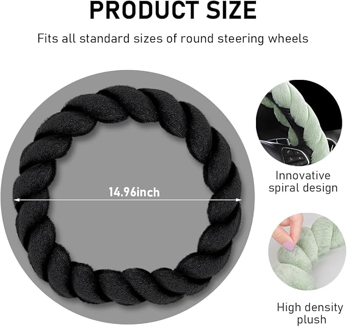 KVAEY Fluffy Car Steering Wheel Cover, 15 Inches Anti-Slip Round Fuzzy Winter Steering Wheel Protector, Soft Warm Plush Steering Wheel Cover for Women Girls, Car Accessories (Black, D-Shaped)