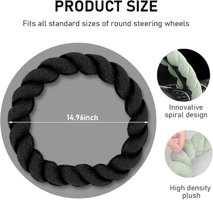 KVAEY Fluffy Car Steering Wheel Cover, 15 Inches Anti-Slip Round Fuzzy Winter Steering Wheel Protector, Soft Warm Plush Steering Wheel Cover for Women Girls, Car Accessories (Black, D-Shaped)