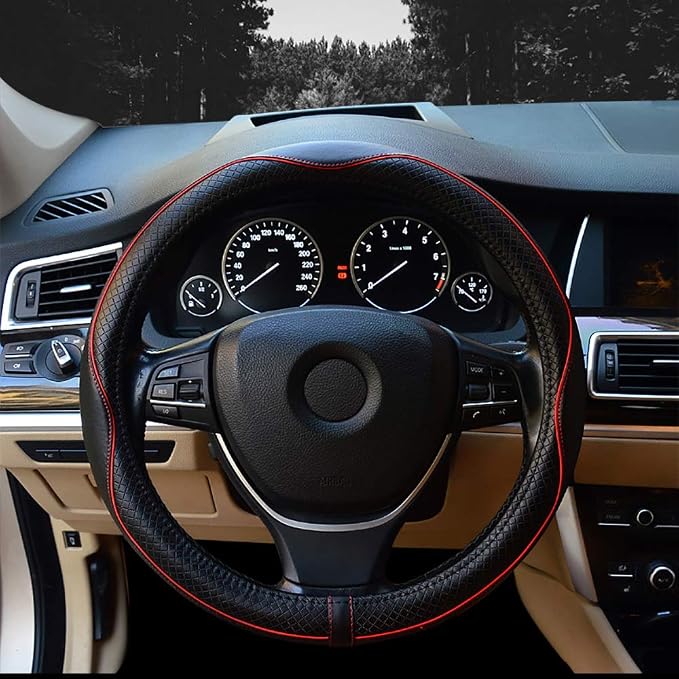 Valleycomfy Steering Wheel Covers Universal 15 inch - Genuine Leather, Breathable, Anti Slip & Odor Free (Black with Red Lines, M(14" 1/2-15" 1/4))
