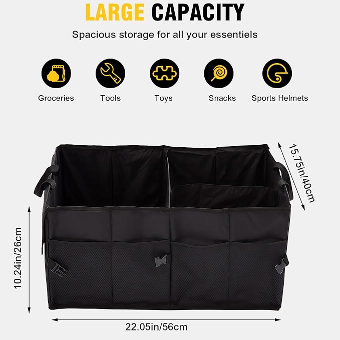 Car Trunk Organizer – Collapsible Multi Compartment Storage Box, Adjustable Automotive Storage Bin for SUV Sedan Truck