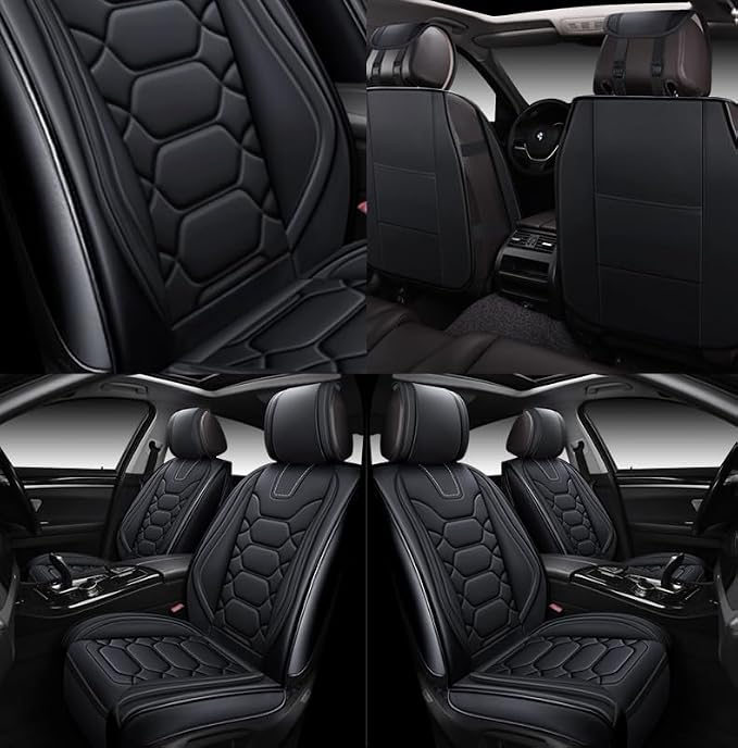 OASIS AUTO Car Seat Covers Front Seats, Sporty Honeycomb Waterproof Faux Leather Protectors, Universal Fit for SUV, Sedan, Truck Interior Accessories (OS-004 Black)