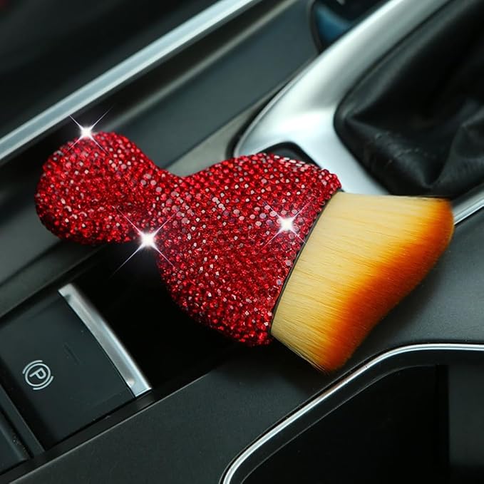 Bling Car Interior Dust Brush, Crystal Rhinestone Soft Auto Detailing Cleaning Brush, Sparkling Diamond Vehicle Dashboard Air Vent Cleaner for Women Girls, Universal for Vehicles (Red)