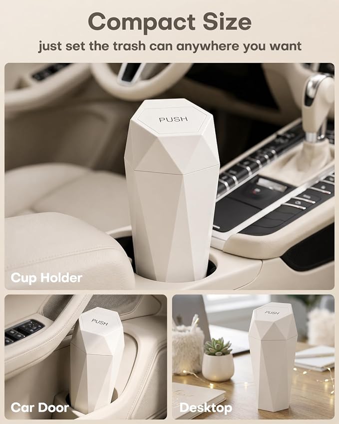 HOTOR Car Trash Can with Lid - 2 Pack, Car Accessories for Interior, Leakproof Vehicle Garbage Can with 30 Attached Trash Bags, Multipurpose Organizers and Storage for Home, Office, Beige