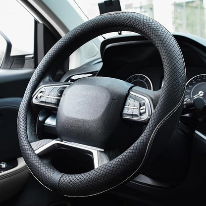 Rueesh Microfiber Leather Steering Wheel Cover Anti-Slip Matte Finish Auto Car Wheel Cover Universal 15 Inch Wheel Cover for Car Embossing Pattern (M (14.5"-15" Diameter), White Line)