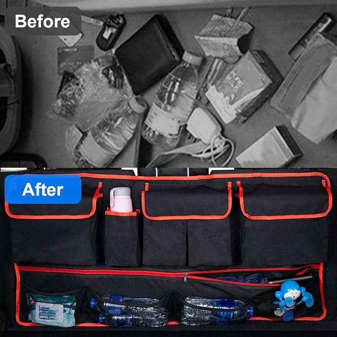 Mandark Car Trunk Organizer, Super Capacity Vehicle Hanging Backseat Cargo Storage Bag with Robust Elastic Net, Detachable Auto Seat Back Organizing Bag, Universal for SUV, Truck, RV（Black/Red）