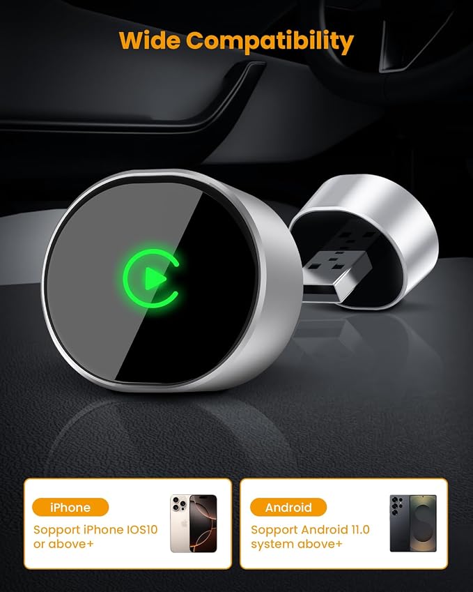 Wireless CarPlay & Android Auto Adapter: BANKKY Ultra Mini 2-in-1 Dongle Converts Wired to Wireless Fast Auto-Connect for iPhone Dual-Band Low Latency Stable Connection for Apple iOS 10+, Android 11+