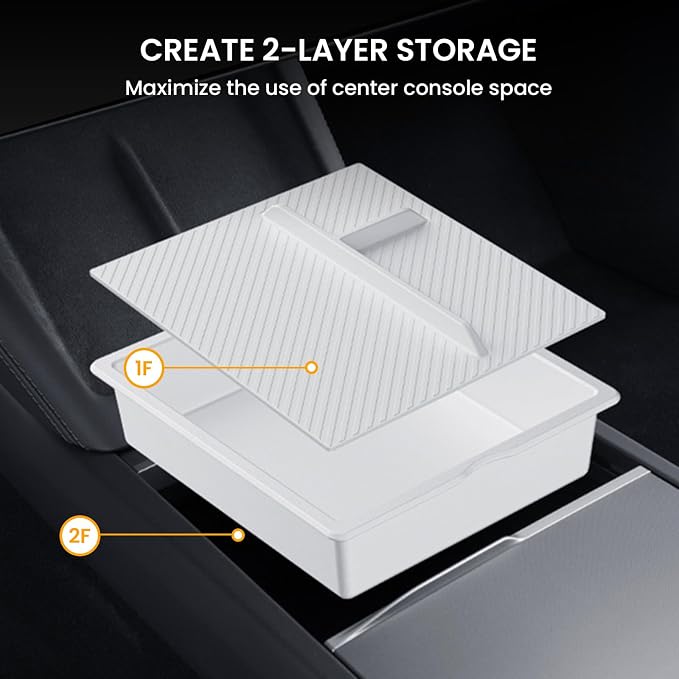 BANKKY 2PCS Center Console Organizer for Tesla Model 3 Highland 2024-2026 & Model Y Juniper 2025-2026, White Armrest Storage Tray with Anti-Slip Liner, ABS Tesla Accessories