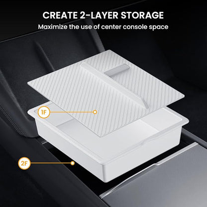 BANKKY 2PCS Center Console Organizer for Tesla Model 3 Highland 2024-2026 & Model Y Juniper 2025-2026, White Armrest Storage Tray with Anti-Slip Liner, ABS Tesla Accessories