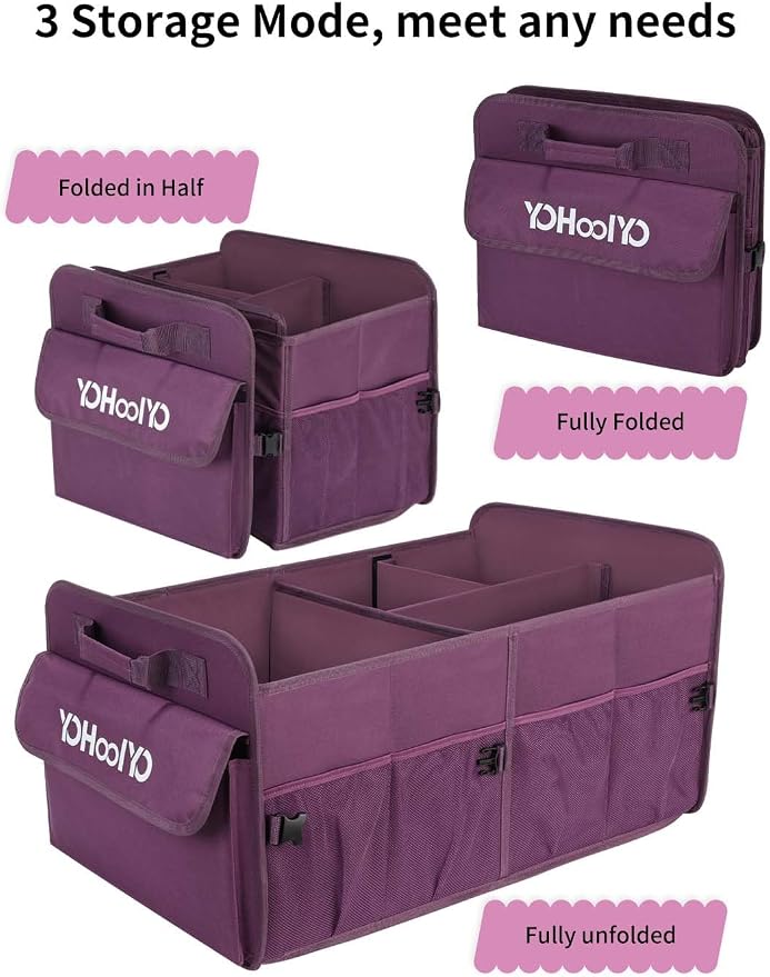 YOHOOLYO Car Trunk Organizer for SUV 72L Large Capacity Collapsible 4 Compartment Storage, Multicolor Car Accessories for Women/Men, Purple