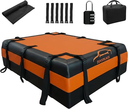 21 Cubic Feet Car Roof Cargo Carrier Bag, Waterproof Rooftop Bag for All Vehicle with/Without Racks, Soft Roof Top Storage Box with Anti-Slip Mat, 6 Door Hooks, Luggage Lock, Black Orange