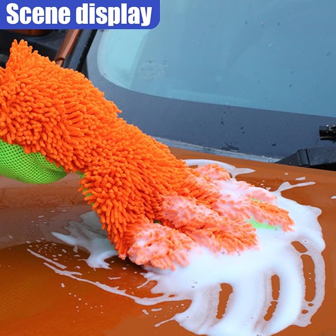 2PCS Car Wash Mitts, Double Sided Chenille Microfiber Dusting Gloves with 5-Finger Design, Anti-Scratch Auto Interior Exterior Detailing Mitt for Cleaning Wheel Tight Spot (Orange)