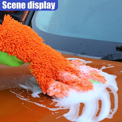 2PCS Car Wash Mitts, Double Sided Chenille Microfiber Dusting Gloves with 5-Finger Design, Anti-Scratch Auto Interior Exterior Detailing Mitt for Cleaning Wheel Tight Spot (Orange)